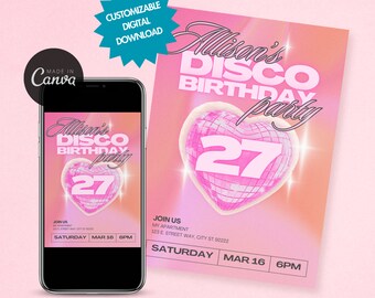 EDITABLE Cute Disco Invitation, Pink disco template, Retro Birthday Party Invitation, 70s pink, y2k retro design, birthday party invitation