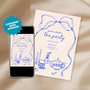 EDITIERBARE Tee-Party Einladungskarte, handgezeichnete Band-Illustrations-Doodles, Illustration im französischen Stil, Blue Afternoon High Tea-Einladung