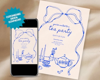 EDITABLE Tea Party Invitation card, hand drawn ribbon illustration doodles, french style illustration, Blue Afternoon High tea invitation