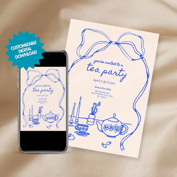 EDITABLE Tea Party Invitation card, hand drawn ribbon illustration doodles, french style illustration, Blue Afternoon High tea invitation