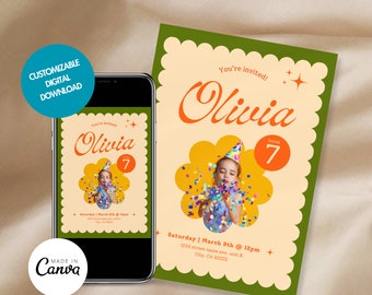 Retro Vibes: Customizable Party Invitations for Kids | Customizable Modern Kids Party Invitation, simple personalizable Digital Download