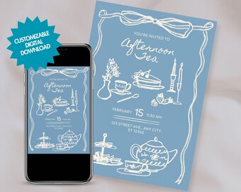 EDITABLE Powder Blue Tea Party Invitation – Hand-Drawn Ribbon & French Style Illustration – Blue Afternoon High Tea Printable Template