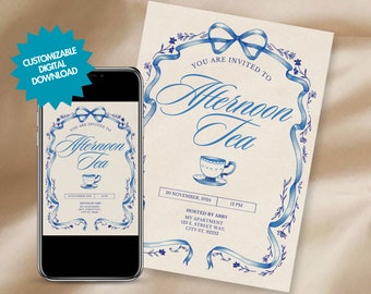 EDITABLE Tea Party Invitation card, hand drawn ribbon illustration doodles, elegant vintage design, Blue Afternoon tea invitation, Galentine