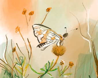May include: A watercolor painting of a butterfly with brown and white wings perched on a flower with a fuzzy brown center. The butterfly is surrounded by green and brown stems and leaves.