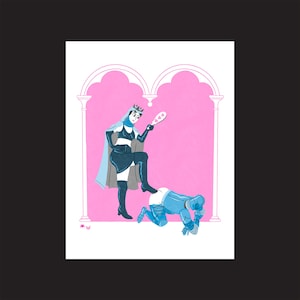May include: Illustration of a figure in a crown and cape, stepping on a kneeling figure. The artwork features a pink background with architectural elements. The figures are in shades of blue and black.