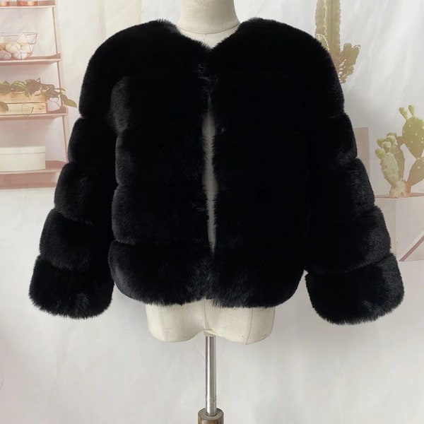 Faux Rabbit Fur Fluffy Fur Coat | Cropped Fur Winter Jacket | Gift for Her