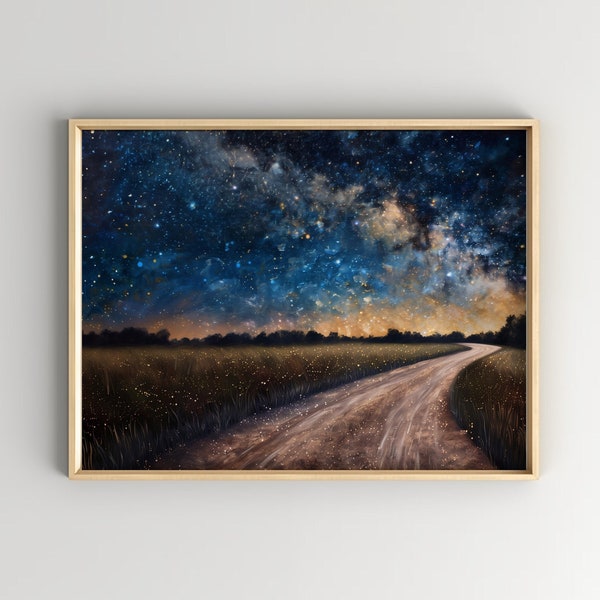 Starry Milky Way Landscape Painting, Digital Print Download, Vintage Art, Night Sky, Nature Wall Decor, Instant Print