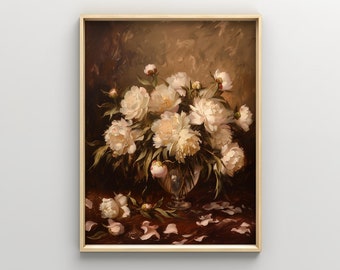 White Peony Bouquet Still Life Painting, Digital Print Download, Elegant Floral, Vintage Botanical Art Print, Wall Decor, Instant Print