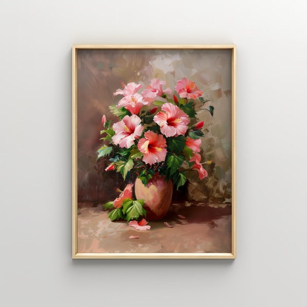 Hibiscus Bouquet Still Life Painting, Digital Printable Art, Botanical Print, Pink Flowers, Floral Print, Wall Decor, Instant Print