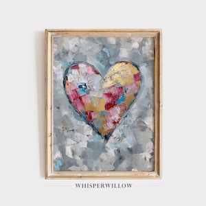 Colorful Abstract Heart Digital Painting, PRINTABLE Download, Modern Gold Pink and Blue Wall Decor, Abstract Elegant Valentine&#39;s Art
