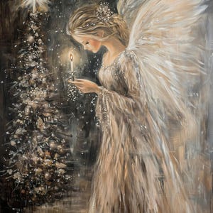 May include: A painting of an angel with white wings holding a lit candle in front of a Christmas tree with a star on top. The angel is wearing a white gown and has long blonde hair. The background is dark and snowy.