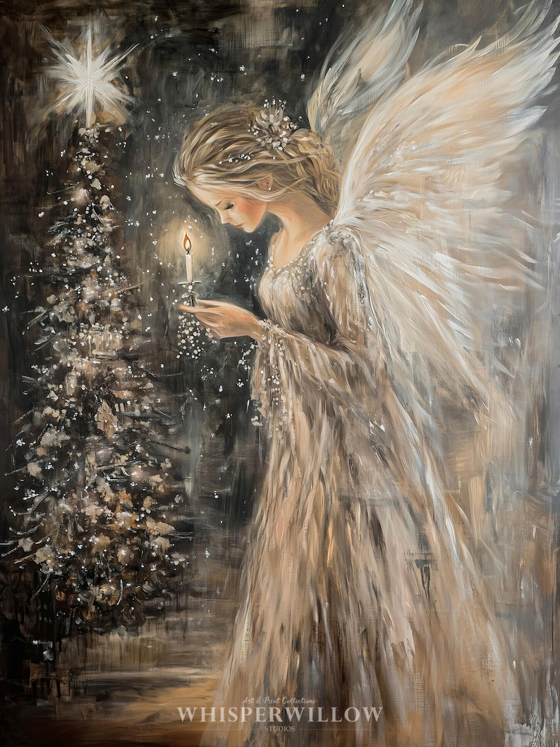 May include: A painting of an angel with white wings holding a lit candle in front of a Christmas tree with a star on top. The angel is wearing a white gown and has long blonde hair. The background is dark and snowy.