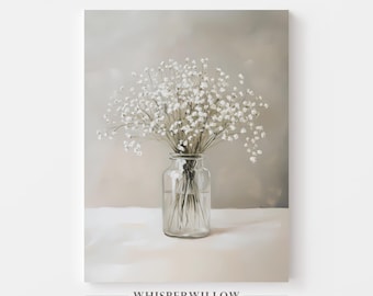 CANVAS Art - Schleierkraut Blumenstrauß, beruhigendes neutrales Blumendekor, sanfte Grau- und Weißtöne, einfache Eleganz, Badezimmer, Schlafzimmer, Wanddekoration