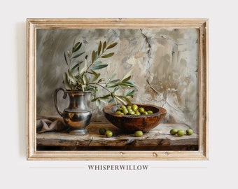 Vintage Olive Bowl and Branches Still Life Digital Painting, PRINTABLE Download, Kitchen and Dining Room Art, Italian European Wall Decor