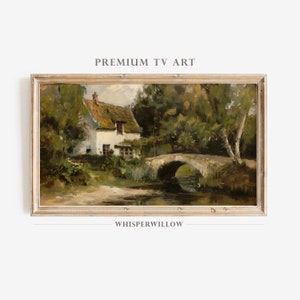 May include: A painting of a white cottage with a thatched roof, nestled in a lush green forest. A stone bridge arches over a stream in the foreground, with the water reflecting the surrounding trees.