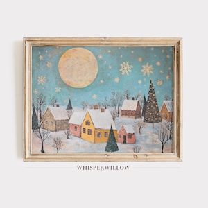 Whimsical Snowy Snowflake Village Painting, Digital Printable Download, Festive Colorful Holiday Art, Full Moon Christmas Wall Decor