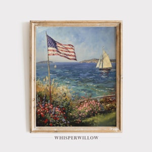 Coastal Independence Day Digital Painting, PRINTABLE Download, 4th of July Wall Decor, America USA Flag Art, Ocean Scenery, Nautical Floral