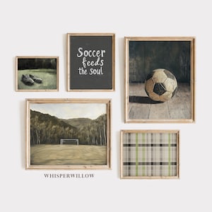 Vintage Soccer Fans Wall Art Set of FIVE (5), Digital PRINTABLE Download, Rustic Sports Decor, Ball Shoes Plaid Landscape Field, Bedroom