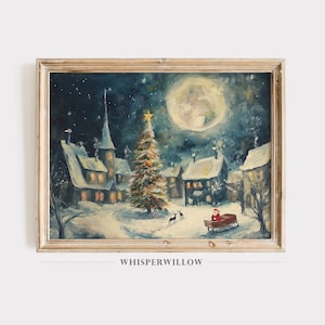 Magical Winter Village and Santa Sleigh Digital Painting, PRINTABLE Download, Christmas Night Art, Snowy Moonlit, Landscape Wall Decor