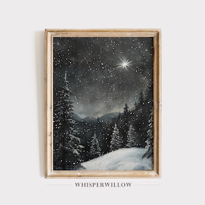 Pintura digital de cielo estrellado centelleante, noche de invierno nevada, descarga IMPRIMIBLE, estrella del norte brillante, decoración de pared con paisaje festivo de Nochebuena