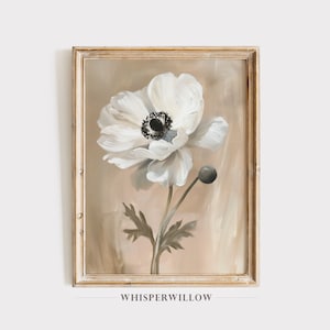 Single Anemone Bloom Still Life Painting, Digital Printable Download, Vintage Floral Art, Botanical Romantic Flower, Elegant Wall Decor