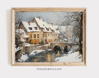 Snowy River Village Winter Scene, Digital PRINTABLE Download, Snowy Holiday Wall Decor, Rustic Christmas Landscape