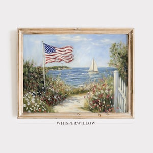 May include: A framed painting of a seascape with a sailboat in the distance, a path leading to a white picket fence, and an American flag waving in the wind.