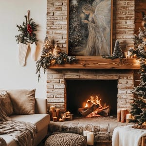 May include: A cosy living room with a brick fireplace, a lit fire, and a framed painting of an angel holding a candle. The room is decorated with Christmas greenery, stockings, and candles.