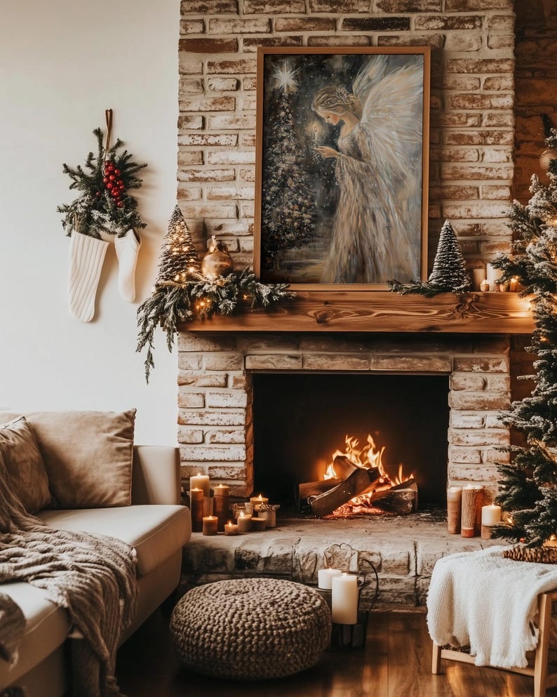 May include: A cosy living room with a brick fireplace, a lit fire, and a framed painting of an angel holding a candle. The room is decorated with Christmas greenery, stockings, and candles.