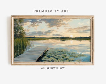 TV Frame Art, Serene Lake Sunset and Lily Pads, Digital Painting Download, Wooden Dock Landscape, Cozy Countryside, Peaceful Lodge Decor
