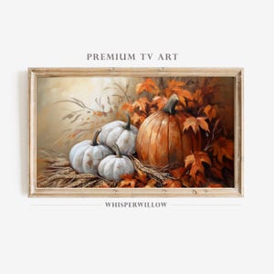 Samsung Frame TV Art, Pumpkins Autumn Leaves Still Life Painting, Digital Download, Seasonal Fall Artwork, Halloween Orange White and Hay