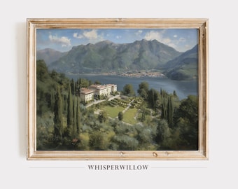 Italian Countryside Art - Digital PRINTABLE Download, Lake Como Villa Landscape, Serene Mediterranean Home Decor, Vintage European Coastal