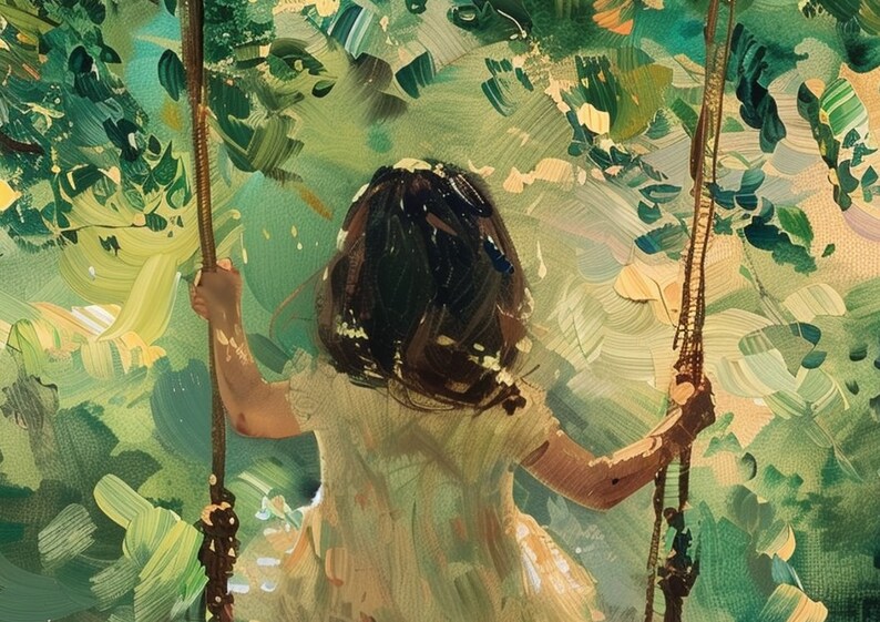 Vintage Portrait Child on Wooden Tree Swing Painting, PRINTABLE Digital