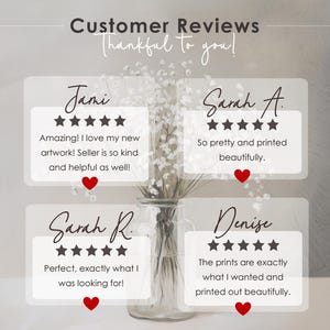 May include: Four customer reviews with five-star ratings and positive comments about artwork prints. The reviews are written by Jami, Sarah A, Sarah R, and Denise. Each review includes a red heart icon.