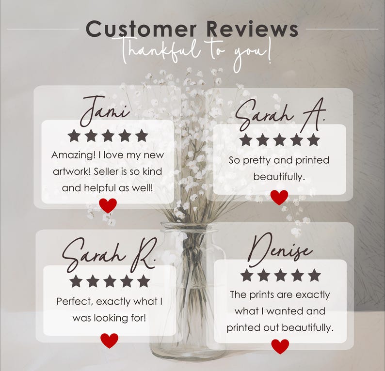 May include: Four customer reviews with five-star ratings and positive comments about artwork prints. The reviews are written by Jami, Sarah A, Sarah R, and Denise. Each review includes a red heart icon.