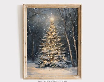 Magical Christmas Tree in Forest - Digital PRINTABLE Download, Snowy Holiday Home Decor, Festive Lights Winter Wall Art