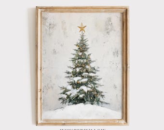 Snowy Christmas Tree, Digital PRINTABLE Download, Magical Season Wall Decor, Elegant Glowing Snow, Enchanting Holiday Landscape