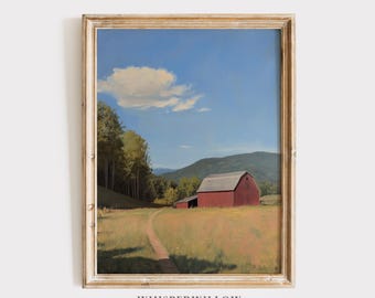 Rustic Barn Landscape Digital Painting, PRINTABLE Download, Country Farmhouse Art, Nostalgic Red Rustic Scenery, Rural Field Trail Forest
