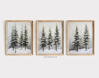 Abstract Winter Pine Trees Digital Paintings SET of THREE (3), PRINTABLE Download, Snowy Evergreen Forest, Christmas Woods Wall Decor