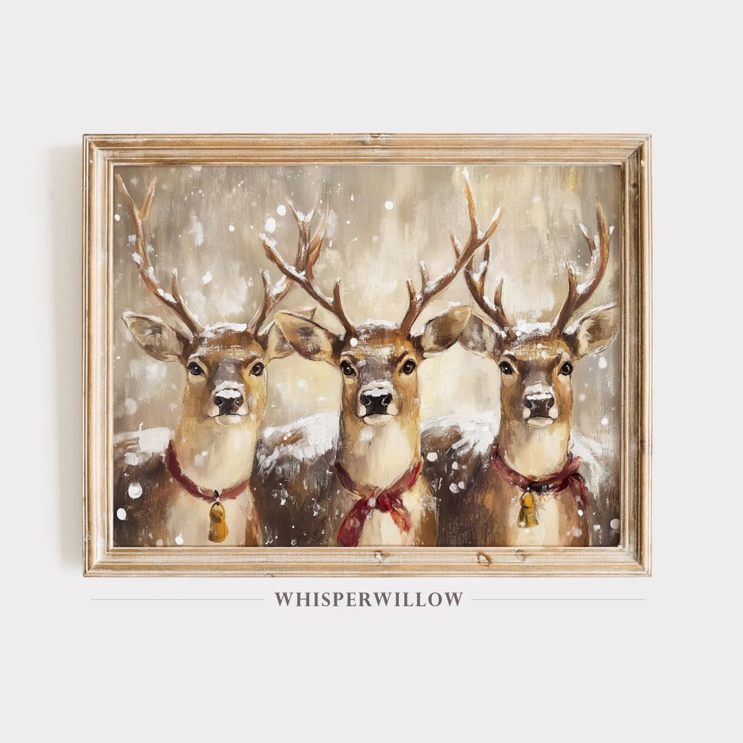 Holiday Reindeer Trio Snowy Winter Scene Painting, Digital Printable