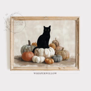 Black Cat Fall Pumpkins, Digital PRINTABLE Download, Muted Halloween Art, Cute Spooky Haunted, Floral Fall Farmhouse, Rustic Autumn Decor