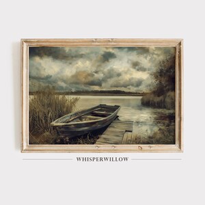 Moody Lake Waters Painting, Picturesque Boat, Digital Printable Download, Nature Landscape, Outdoors Art, Wall Decor, Instant Print