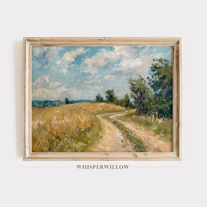 Golden Fields Winding Road Digital Painting, PRINTABLE Download, Country Farmhouse Wall Art, Rustic Landscape, Open Plains, Rolling Fields