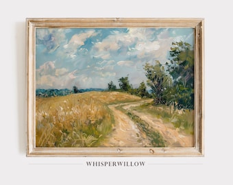 Golden Fields Winding Road Digital Painting, PRINTABLE Download, Country Farmhouse Wall Art, Rustic Landscape, Open Plains, Rolling Fields