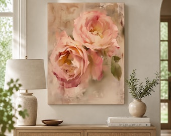 CANVAS Wall Art Blush Pink Roses - Romantic Floral, Botanical Decor, Bedroom Accent, Vintage Inspired, Soft Neutral Feminine Garden