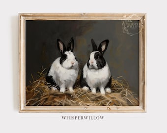 Two Dutch Rabbits - Digital PRINTABLE Download, Vintage Animal, Black and White Spring Easter Wall Decor, Bunny Lover, Farmhouse Art