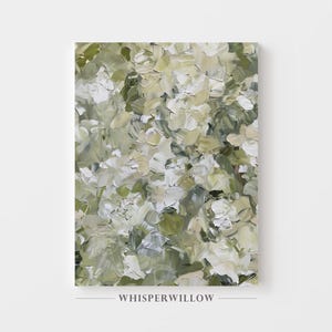 May include: A rectangular canvas painting featuring thick, textured impasto brushstrokes in shades of sage green, olive, cream, and white. The composition displays an abstract, layered pattern of blended colors with visible paint depth throughout.