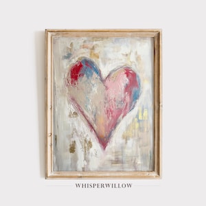 Abstract Heart Neutral Background Digital Painting, PRINTABLE Download, Modern Gold Pink and Blue Wall Decor, Elegant Valentine&#39;s Day Art