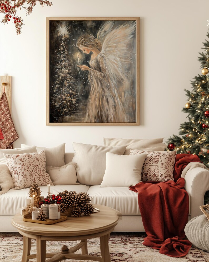 May include: A painting of an angel with wings holding a candle in front of a Christmas tree. The angel is wearing a white gown and has long, flowing hair. The background is a dark blue with white snowflakes.