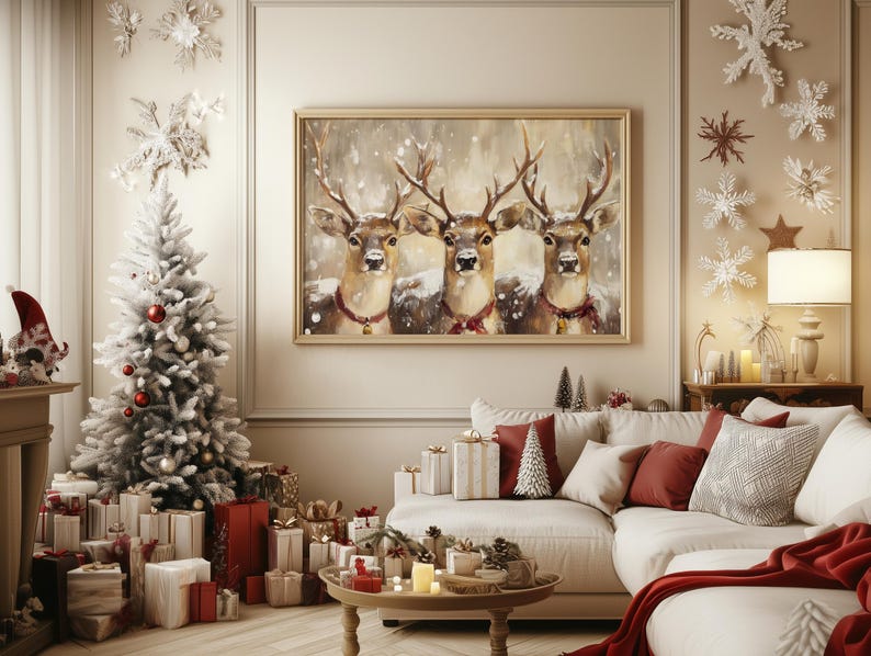 Holiday Reindeer Trio Snowy Winter Scene Painting, Digital Printable
